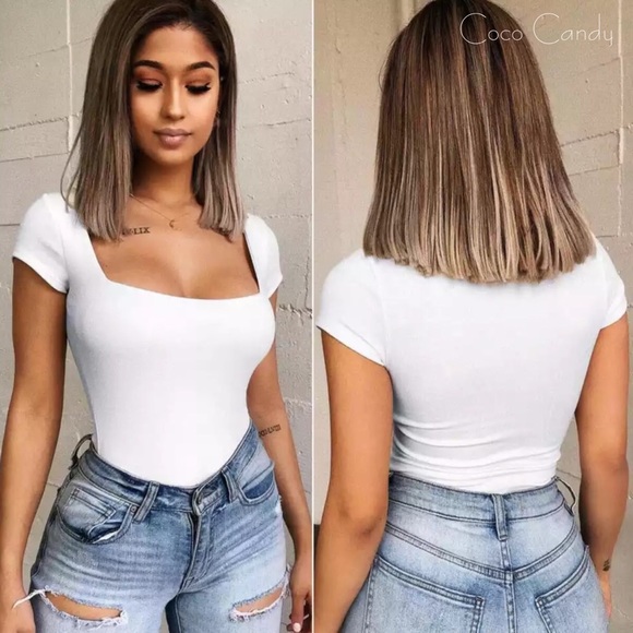 🆕Square Collar White Short Sleeve Bodysuit - Picture 2 of 8